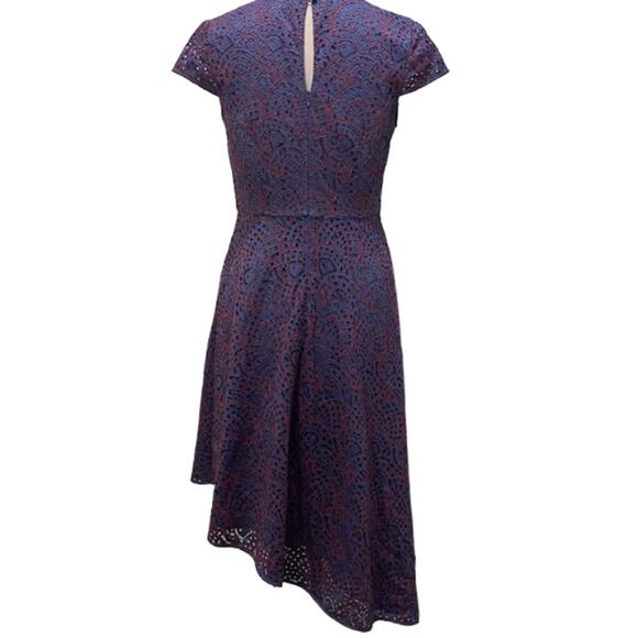 BANANA REPUBLIC Womens 4 Blue Red Lace Overlay Fit Flare Midi Asymmetrical Hem - Picture 5 of 7